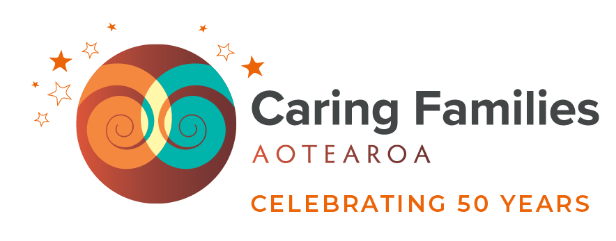 50th logo landscape Caring Family logo, it's turquoise and orange, with acircle shape with Maori pattern inside the logo