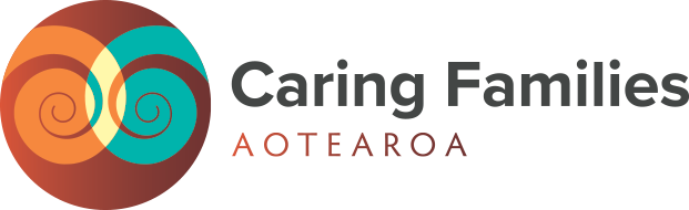 Caring Family logo, it's turquoise and orange, with acircle shape with Maori pattern inside the logo