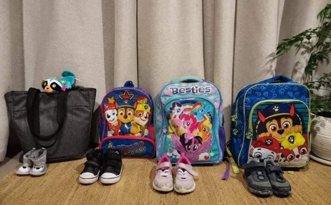 School bags, in a row, shoes, kids, home,