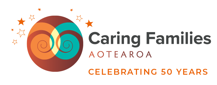 Caring Family logo, it's turquoise and orange, with acircle shape with Maori pattern inside the logo